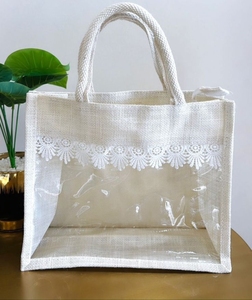Jute Tote Gift Shopping <b>Bag</b> Clear Window Rope Handle Button Closure <b>Medium</b> <b>Size</b> for Retail Boutique Packaging - Product Image 6