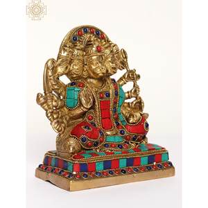 Sculpture en laiton artisanale de 6 pouces Lord Panchamukhi Hanuman avec travail d'incrustation complexe - Product Image 3