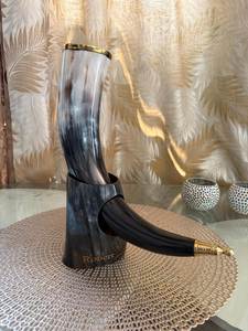 Viking Drinking Handmade Natural OX Horn <b>Tankard</b> Mug Cup for Ale Beer Mead Wine 100% Leak Free with <b>Wooden</b> Stand - Product Image 3