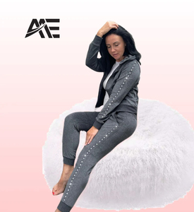 Wholesale Women Dark <b>Grey</b> Rhinestone Hoodie Set Zip Up <b>Jacket</b> and Jogger Pants Streetwear OEM Manufacturer - Product Image 3