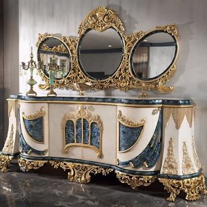 Royal Luxury Solid Teak Wood <b>Console</b> <b>Table</b> Triple Oval Mirror Set <b>Gold</b> Carved Sideboard Cabinet Living Room Buffet Furniture - Product Image 1