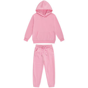 Girls <b>Pink</b> Cotton Hooded <b>Tracksuit</b> Full Sleeve Solid Color Casual Jogging Set with Drawstring Waist and Side Pockets - Product Image 1