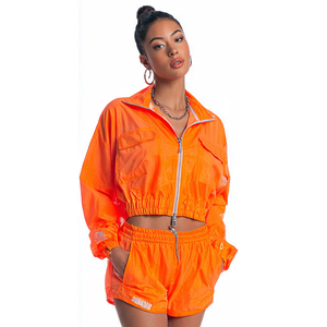 Conjunto de Chaqueta Corta y Pantalones Cortos Impermeables para Mujer, 100% Nailon, con Cuello Plegable, Chaqueta Corta Cortavientos y Pantalones Cortos de Lluvia, Dos Piezas - Product Image 6