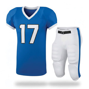 Ensemble d'uniformes de football américain personnalisés bleu et blanc, sublimés, anti-transpiration, col en V, manches courtes, maillot et pantalon pour homme adulte - Product Image 1