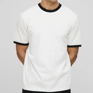T-shirt blanc à manches courtes pour homme, col rond, bordure noire - Coupe décontractée confortable, 100% coton, séchage rapide, respirant, pour tous les jours - Product Image 1