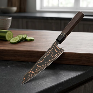 Cuchillo de cocina Apex Blades International de acero de Damasco con mango de madera, hoja de punta caída y filo biselado de una sola pieza. - Product Image 6