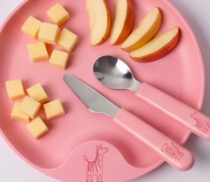 Ensemble de couverts roses pour enfants avec design d'animaux de dessin animé, manche en plastique, couverts en acier inoxydable pour les repas des enfants - Product Image 5