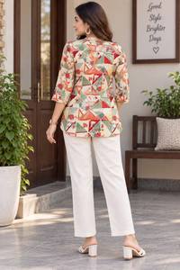 Ensemble décontracté pour femmes, kurta en coton imprimé avec pantalon beige, coupe ample, style Inde Pakistan, vêtements d'été - Product Image 4
