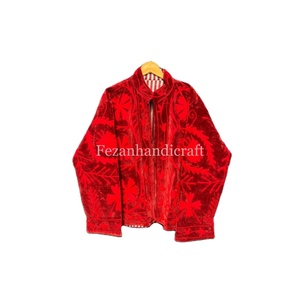 Maroon Velvet Floral Embroidered Suzani Quilted Quick Dry Women's Vintage Party Wear Jackets Hand <b>Stitch</b> Cotton Lining Two Side - Product Image 1