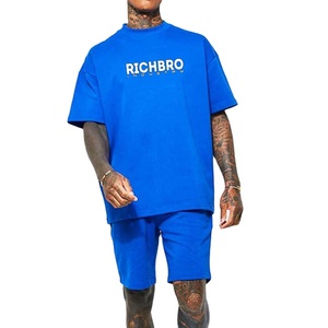 Chándal informal de verano para hombre, Camiseta de cuello redondo de gran tamaño con logotipo personalizado de algodón 100% y pantalones cortos con cordón transpirables - Product Image 1