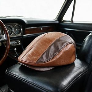 Casquette plate en cuir PU marron de qualité supérieure avec motif crocodile gaufré, surpiqûres contrastées, style vintage pour homme, tenue décontractée - Product Image 6