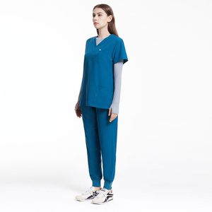 Ensemble de blouses bleues pour femmes, en coton et polyester tissé, col en V, prêt pour le stéthoscope, uniforme d'infirmière d'hôpital - Product Image 2