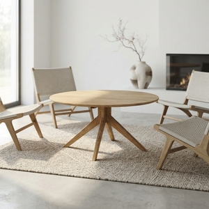 Mesa de centro redonda de madera premium, minimalista, de madera maciza de teca, mesa de té circular para sala de estar, mesa baja con estructura central para espacios y unidades. - Product Image 3