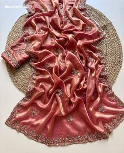 Ocassional wear Space Silk with Gold <b>Beads</b> & Cutdana Hand work Butta & Border Saree-Matching work Blouse Set Indian Exporter - Product Image 5