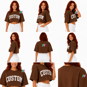 Camiseta Corta para Mujer, Color Marrón, con Bordado de Letras Personalizado, Cuello Redondo, Manga Corta, Corte Holgado, Informal, Primavera Verano, 100% Algodón - Product Image 6