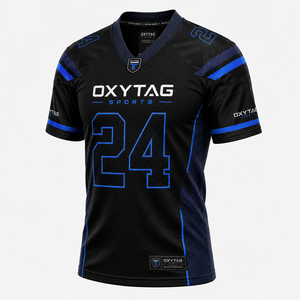 Maillot de football américain Oxytag Sports pour homme, noir et bleu, col en V, manches courtes, tissu respirant, taille L, prix de gros - Product Image 3