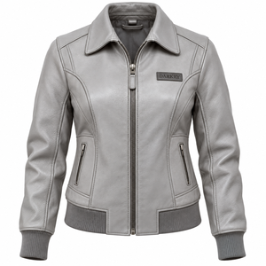 Custom Womens Light Grey Real <b>Leather</b> Bomber Jacket Wholesale Collared Ribbed <b>Waist</b> Ladies Biker Outerwear <b>Coat</b> - Product Image 1