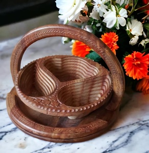 Handmade Wooden Storage <b>Basket</b> With Handle Circle Shape Rustic Multi Purpose <b>Tray</b> For Neatening And Organization - Product Image 1
