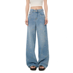 Wholesale Blue Denim for Women Cotton High Quality Washed Vintage Baggy Embroidered <b>Pants</b> Women's Jeans - Product Image 6
