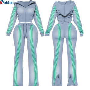 Conjunto Deportivo Personalizado para Mujer, Sudadera con Cierre y Franja Lateral en Contraste, Pantalones Deportivos Acampanados, 2 Piezas, Ropa Deportiva, Estilo Urbano - Product Image 6