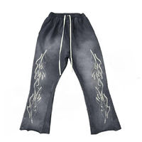 Pantalon de survêtement unisexe en coton épais à taille mi-haute et jambe large avec motif flamme, coupe ample élastique, style streetwear et hip-hop
