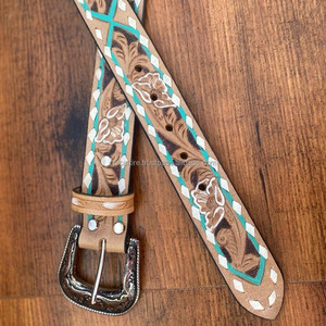 Cinturón de cuero tallado a mano verde azulado con Buck Stitch Western cuero genuino hecho a mano cuero de vaca de grano completo Floral vaquero y cinturones de vaquera - Product Image 3
