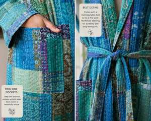 Kimono Acolchado Kantha de Seda con Estampado Floral Vintage, Hecho a Mano con Parches, Manga Larga, Cierre con Cordón, Cárdigan 100% Algodón - Product Image 5