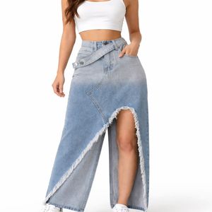 Falda Maxi Vaquera Transpirable de Cintura Alta con Abertura Frontal y Detalle de Botones, Estilo Vintage, Largo hasta el Tobillo para Mujer - Product Image 2