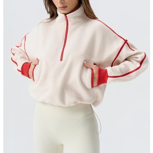2026 New Arrival <b>Women's</b> <b>Cream</b> <b>Fleece</b> Half-Zip Oversized Sweatshirt Stand Collar Drop-Shoulder Full Sleeve Winter Wear Cropped - Product Image 5