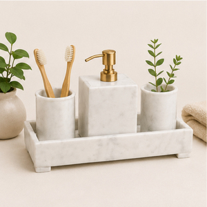 Ensemble d'accessoires de salle de bain en marbre blanc naturel 5 pièces avec pompe en laiton doré, articles de luxe faits à la main pour hôtel, décoration moderne pour la maison - Product Image 3