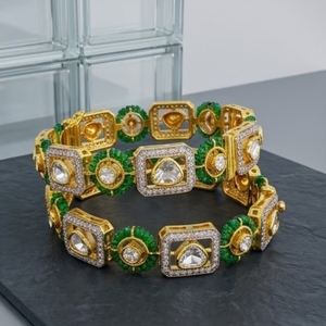 925 Silver Monzo Bangles Green <b>Stone</b> Crystal Designer Kada Set for Crystal Pear <b>Cut</b> Stones Women Wedding Jewelry - Product Image 4