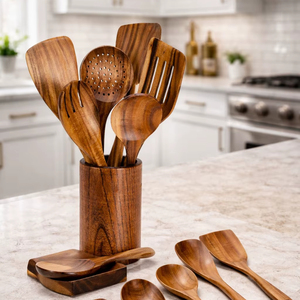 Ustensiles de cuisine en bois naturel antiadhésifs, spatules en teck, outils de cuisson en bois, cuillères en bois pour la cuisson, fourchette à salade - Product Image 1