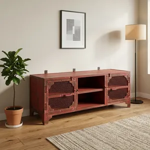 Meuble TV vintage industriel en bois massif avec portes en treillis métallique, étagère de rangement ouverte, fait main pour la maison, l'hôtel, la ferme - Product Image 4