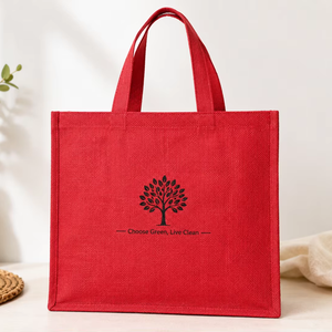 Red Laminated Jute Rope Handle Eco-Friendly Reusable Wedding Shopping Tote <b>Bag</b> with Custom Logo for Wholesale - Product Image 1