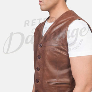 Chaleco de cuero genuino marrón para hombre, corte ajustado, cuello en V, con botones, sin mangas, formal, informal. - Product Image 4