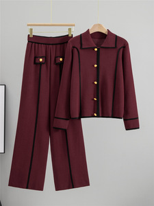 Ensemble décontracté deux pièces pour femme Automne Hiver 2026 Nouveau modèle respirant en tricot Spandex à motif uni avec col à revers et pantalon large - Product Image 4