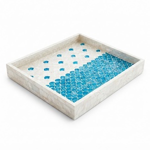 Bandeja Decorativa Hecha a Mano con Incrustaciones de Madreperla, Mosaico Geométrico Cuadrado de Conchas, Plato para Servir, Decoración Vintage para Mesa de Centro - Product Image 5