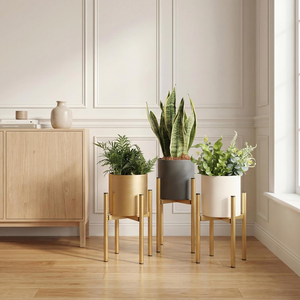 กระถางต้นไม้โลหะพร้อมรูระบายน้ำ กระถางแบบดั้งเดิมสำหรับปลูกต้นไม้ในร่มและกลางแจ้ง สำหรับตกแต่งโต๊ะ สีทองขัดเงา ทนทาน - Product Image 4