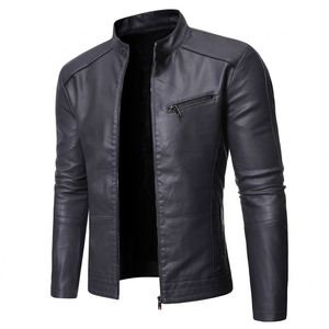 Blouson moto en cuir marron pour homme, col montant, fermeture éclair, coupe ajustée, doublure en fausse fourrure, idéal pour l'automne - Product Image 3