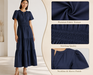 Robe longue élégante bleu marine à manches bouffantes, col en V, superposée, taille élastiquée smockée, en coton tissé décontracté pour l'été - Product Image 4