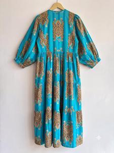 Robe longue décontractée d'été pour femme, imprimé bloc turquoise motif tigre, col en V, manches bouffantes, coupe ample bohème, tissée, tendance - Product Image 2
