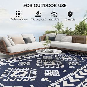 Tappeto da Esterno Reversibile Impermeabile 9FT X 18FT Blu e Bianco, Tappetino da Picnic con Borsa per il Trasporto, Design a Patchwork con Paglia e Rombi - Product Image 6