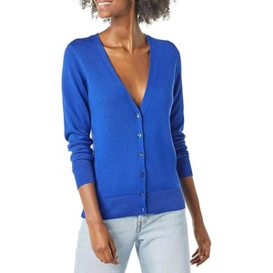 Pull en maille uni à manches longues et col en V avec logo frontal, respirant, en polyester/coton, pour femme, qualité HIGH STREET, hiver - Product Image 1