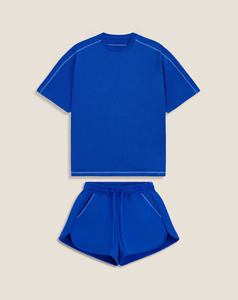 Ensemble de sport 2 pièces bleu pour femme, manches courtes, col rond, tricoté, coupe ample, respirant, printemps-été, couleur unie, ensemble short sportif - Product Image 1