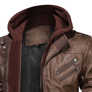 Hooded Collar Leather Jacket For Men With Zip Front And Clean <b>Upper</b> Neckline For Resistance Winter Wear For Sale - Product Image 4