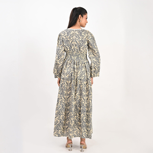 Robe longue bohème imprimée en tissu respirant, col noué, manches cloche, coupe droite, silhouette trapèze, en coton, pour l'été, tenue décontractée - Product Image 4