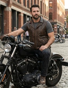 Chaleco de cuero genuino marrón vintage personalizado para hombre, chaleco sin mangas estilo motociclista, chaleco con cremallera estilo occidental - Product Image 3