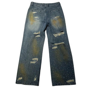 Nuevos Pantalones Vaqueros de Mezclilla para Hombre, Estilo Baggy Recto, Rotos y Desgastados con Pedrería, Casuales y a la Moda, con Lavado Ácido - Product Image 2