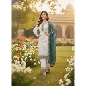 Conjunto de Salwar Kameez de Tela Georgette con Bordado Moderno y Elaborado para el Festival Eid, con Top, Pantalón Plazzo y Dupatta para Fiesta - Product Image 1