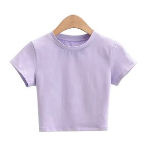 Camiseta Corta de Mujer, Estilo Vintage, Cuello Redondo, Corte Ajustado, Manga Corta, Color Sólido, Informal, Tejida, 100% Algodón, Transpirable y Ecológica - Product Image 2